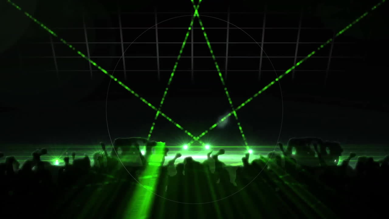 Glowing white ring suspended over cheering crowd in dark rave scene, flat design featuring lasers
