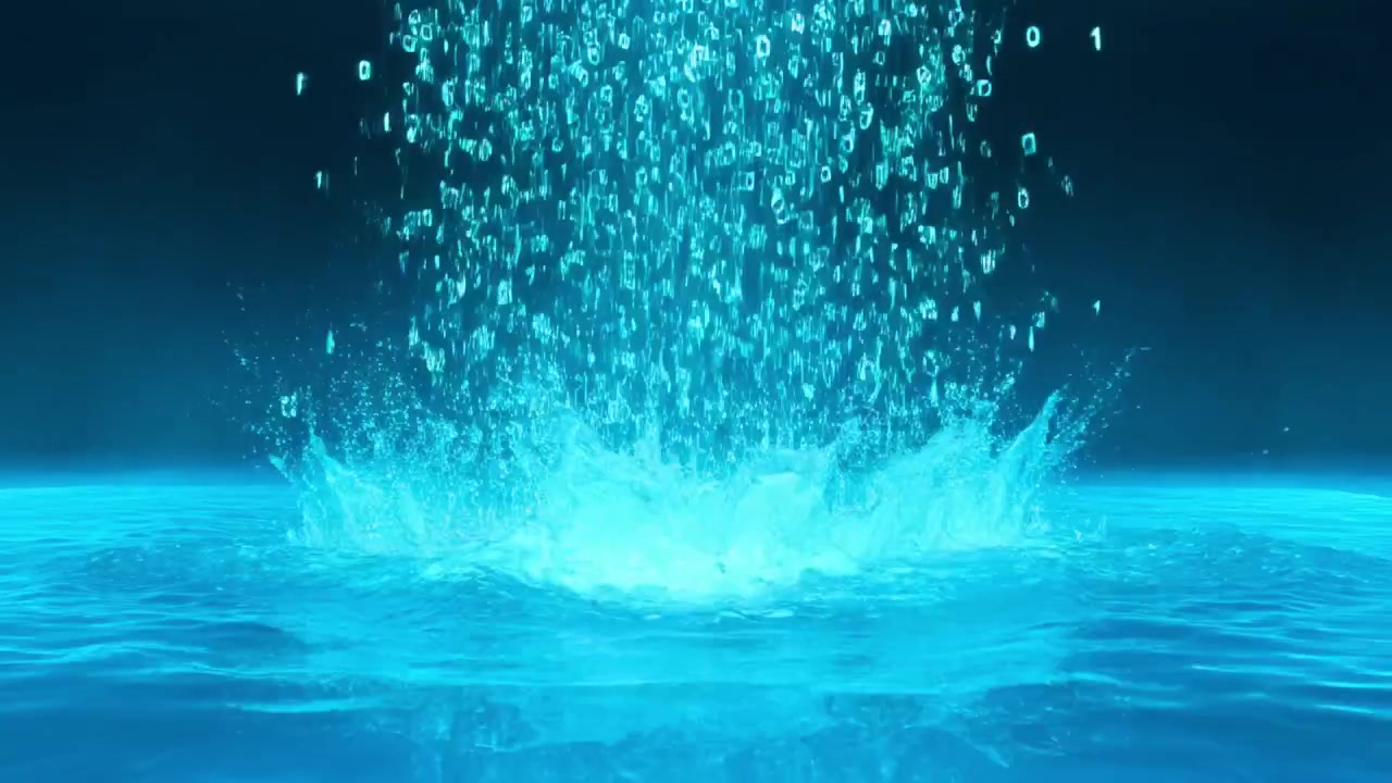 Codice binario digitale che piove e si riversa in acqua blu luminosa