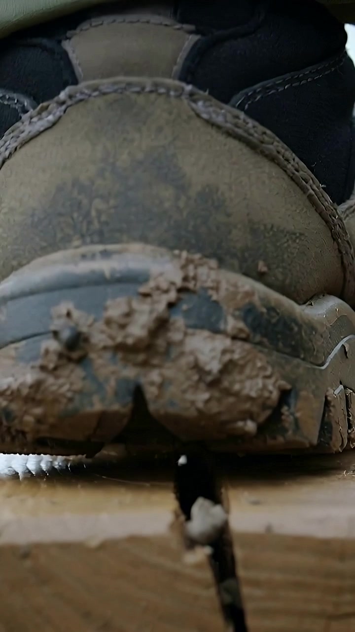 Vertical video: Stepping boot crushing pebble in plank crack, smearing mud, bracing in green pants