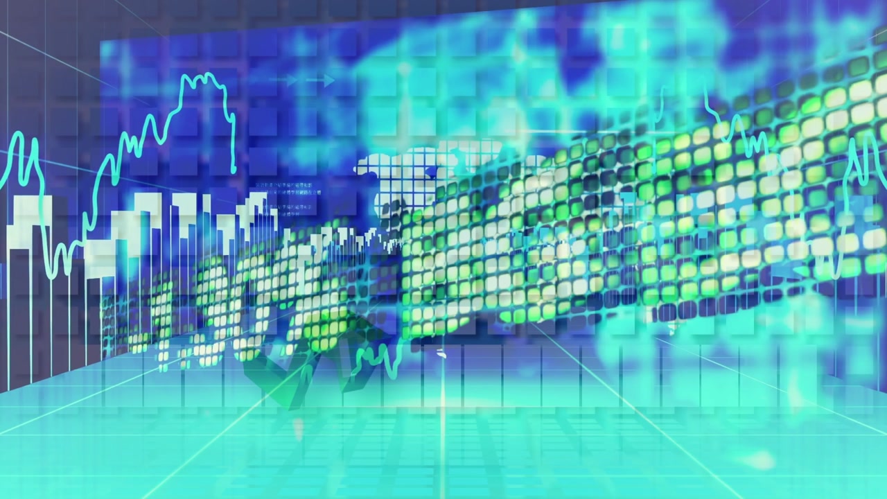Animation of financial data over blue and green digital screen