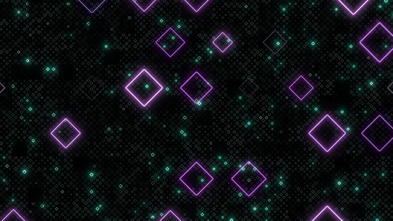 A striking visual of purple and green neon lights forming a diamond pattern against a dark backdrop, creating a vibrant and eye-catching display