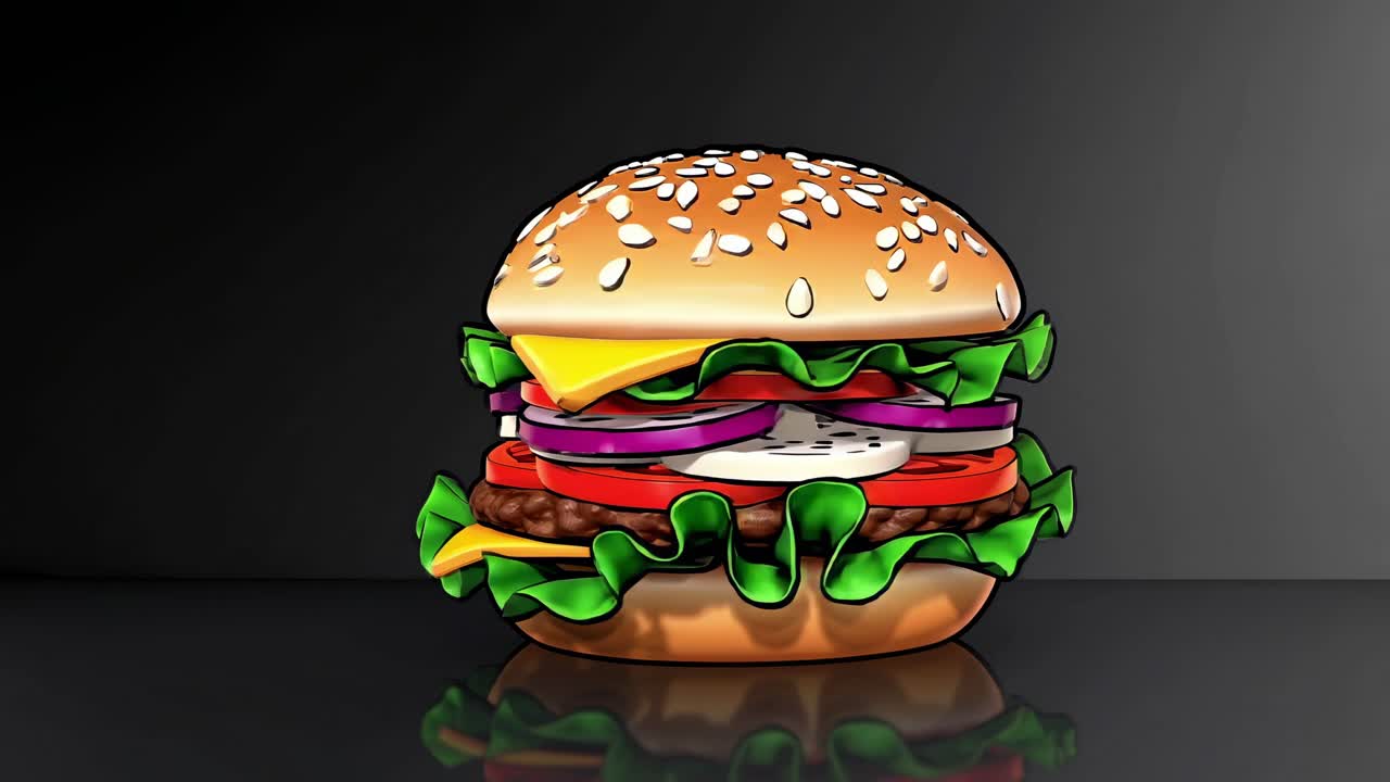 Cartoon burger with lettuce, tomato, onion, meat and cheese rotating on a black reflective surface with a dark background, creating a modern and appetizing visual