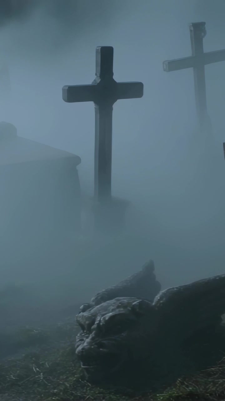 Video verticale: Telecamera in movimento che rivela croci e un gargoyle in un cimitero nebbioso, con la nebbia che si dirada.