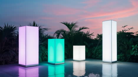 colorful led light columns in an outdoor garden at twilight