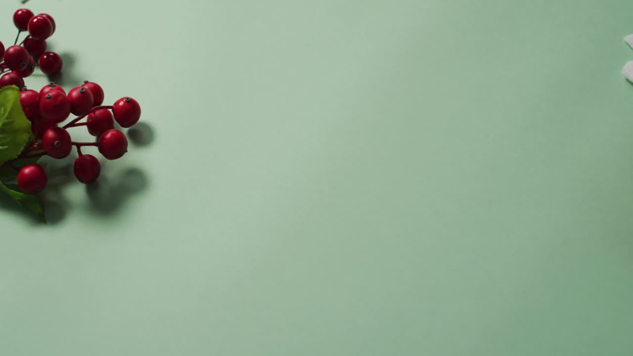 video de la hoja de navidad y la decoración de bayas rojas con patrones de copos de nieve y copia de espacio en verde