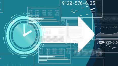 Animation of neon ticking clock and arrow icons against interface with data processing