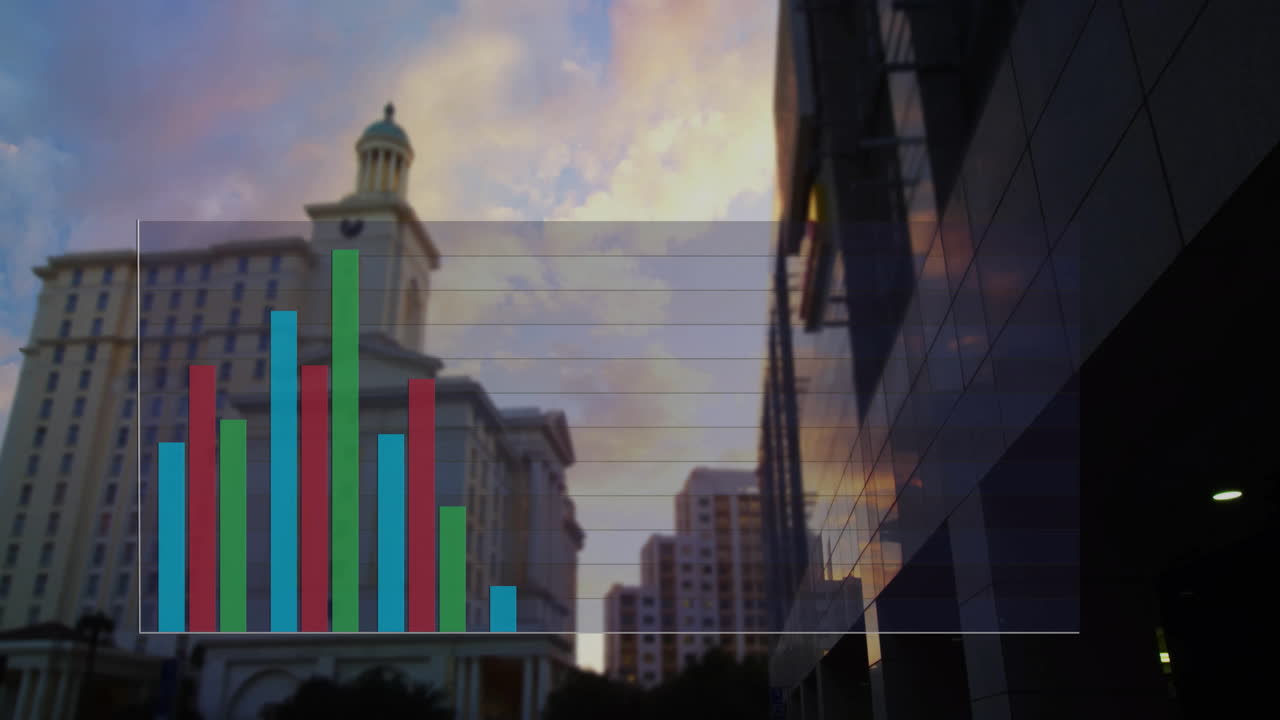 Bar chart animation over cityscape with modern and historic buildings