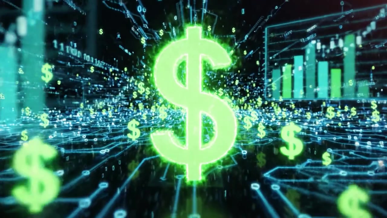 Uma paisagem digital dinâmica com sinais de dólar flutuantes em um ambiente futurista de placa de circuito ilustra a interconexão entre riqueza e tecnologia.