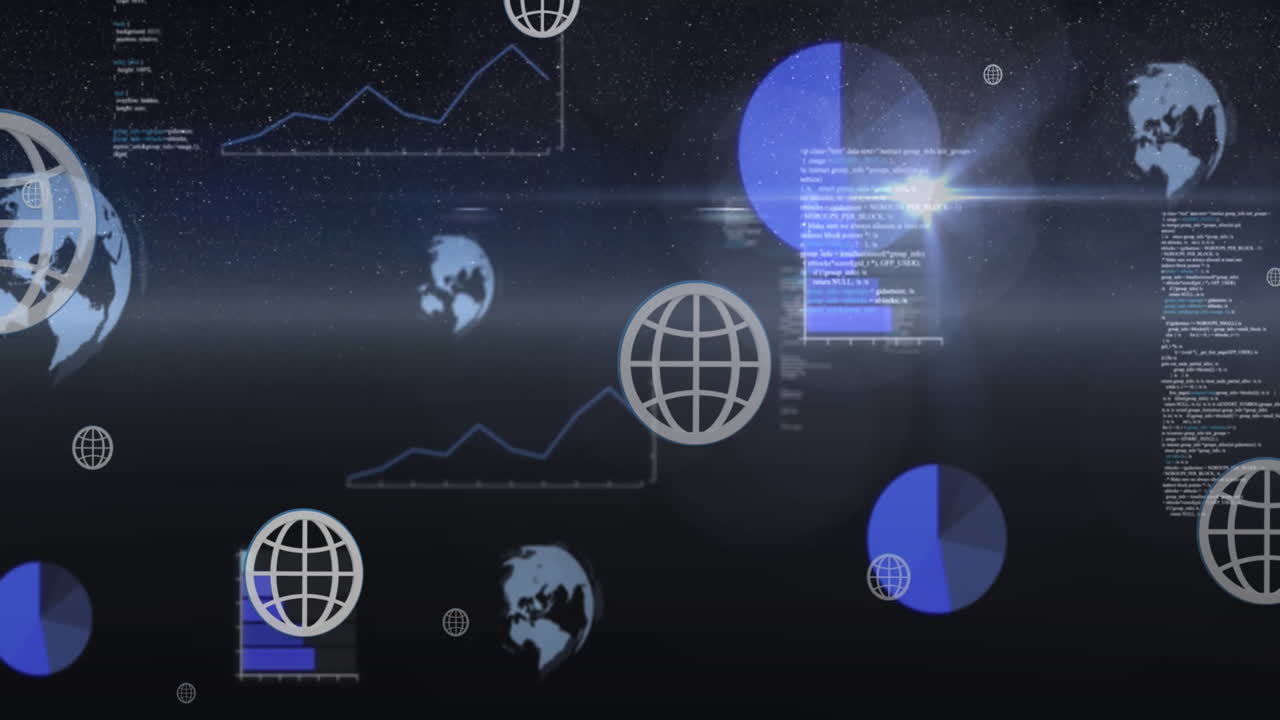 Animation of multiple graphs, globes and computer language over stars in space