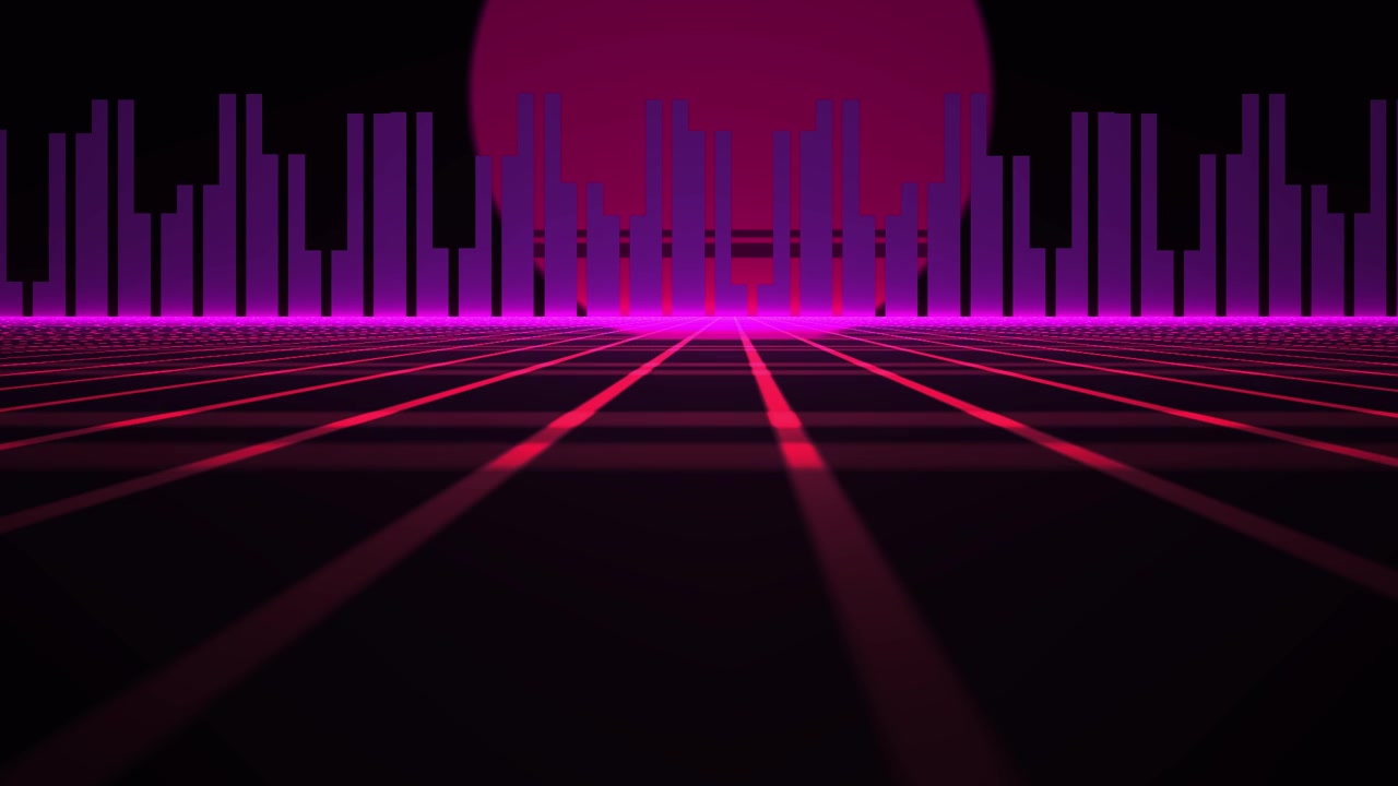 Griglia Dinamica Retro Synthwave con Paesaggio Urbano al Neon e Sole Splendente
