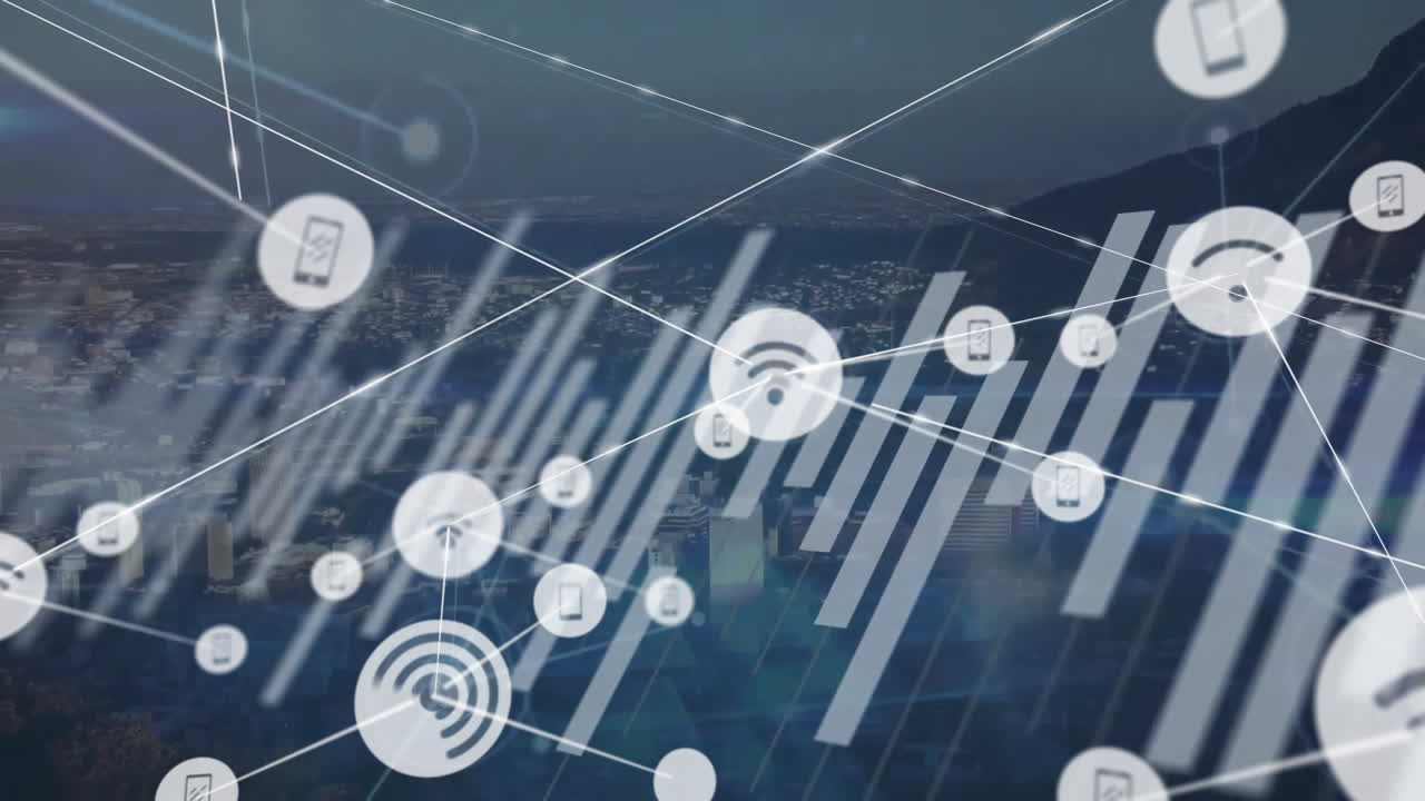 animación de la red de conexiones y columnas móviles sobre el paisaje urbano