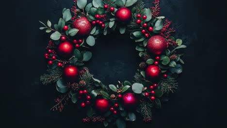 red and green christmas wreath on dark background