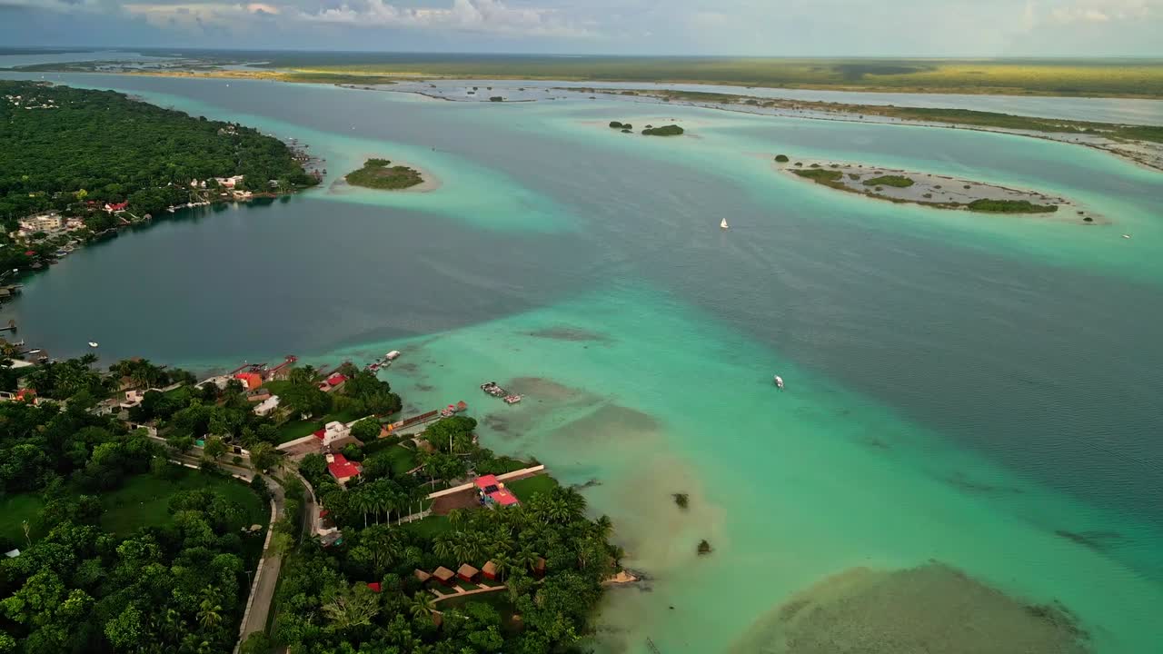 Aerial view of turquoise lagoon in Bacalar, Mexico, with serene mood