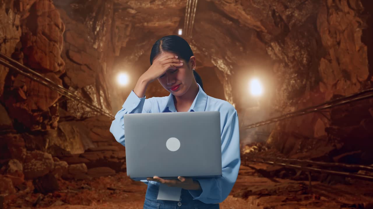 Asian Female With Her Laptop In Underground Mine Tunnel, She Is Nodding Her Shead With Dissapionted
