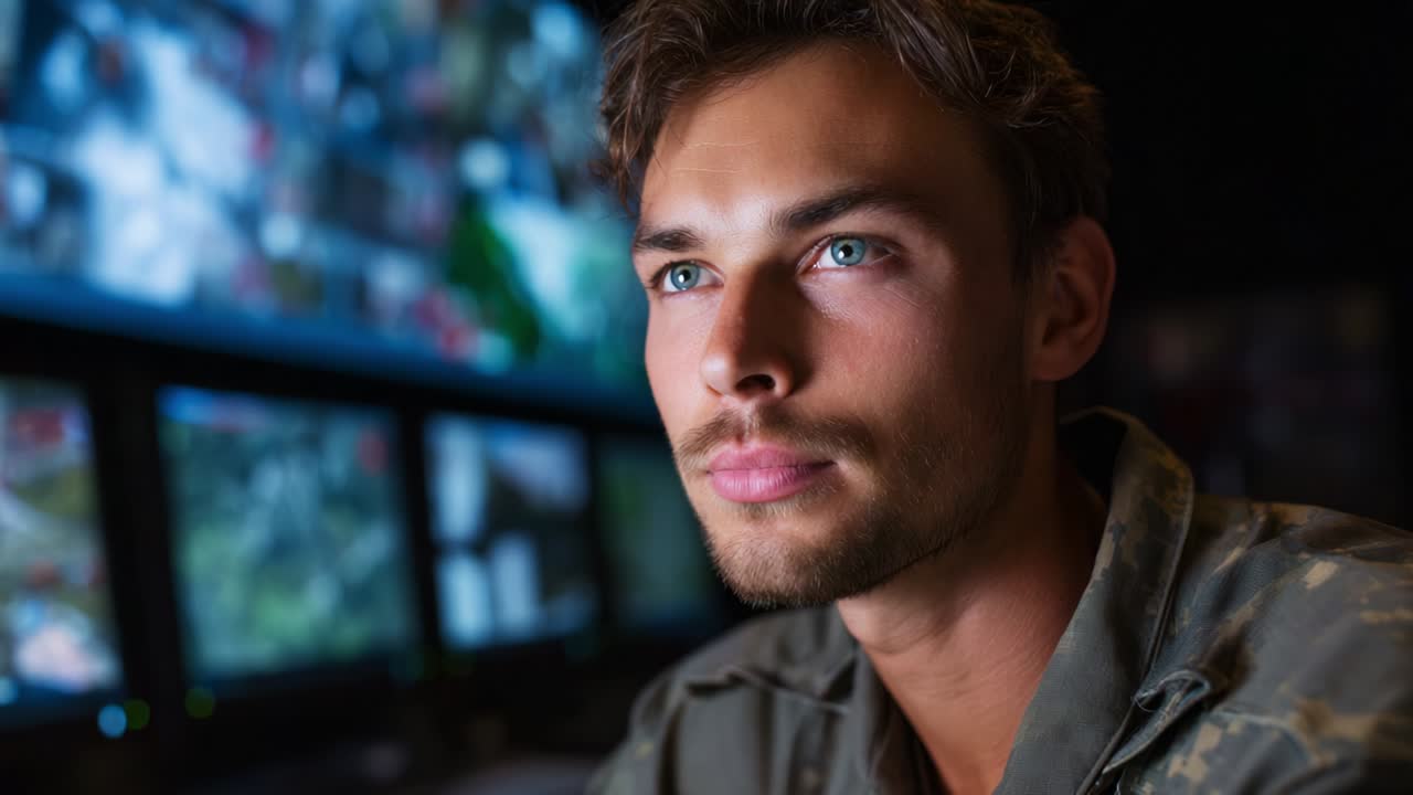 Focused Individual Analyzes Surveillance Footage in High-Tech Monitoring Room with Multiple Screens Displaying Live Video Feeds, Capturing Critical Situations and Ensuring Safety with Observant Demeanor