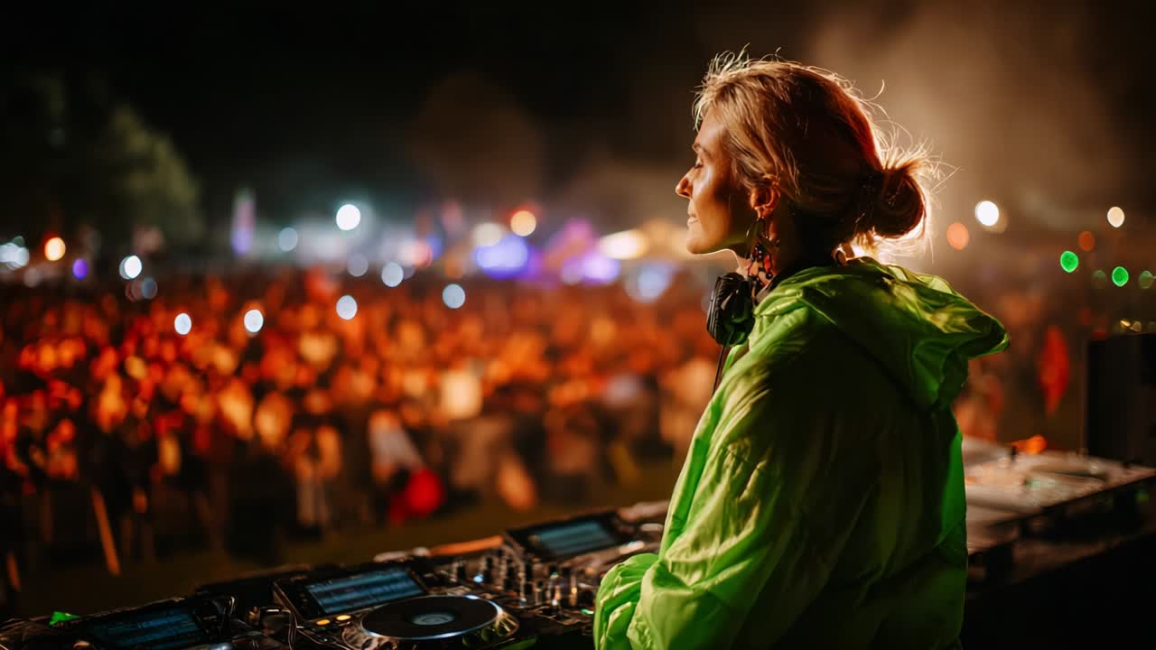 A Night of Music and Energy: A DJ in a Vibrant Green Hoodie Engaging with an Enthusiastic Crowd Under Twinkling Lights, Creating an Unforgettable Atmosphere at a Lively Outdoor Event