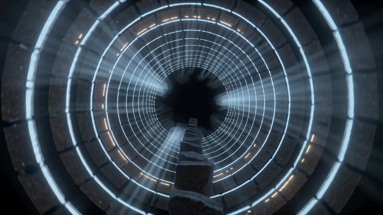 Moving camera revealing stone column rising in shaft toward dark aperture, with concentric rings