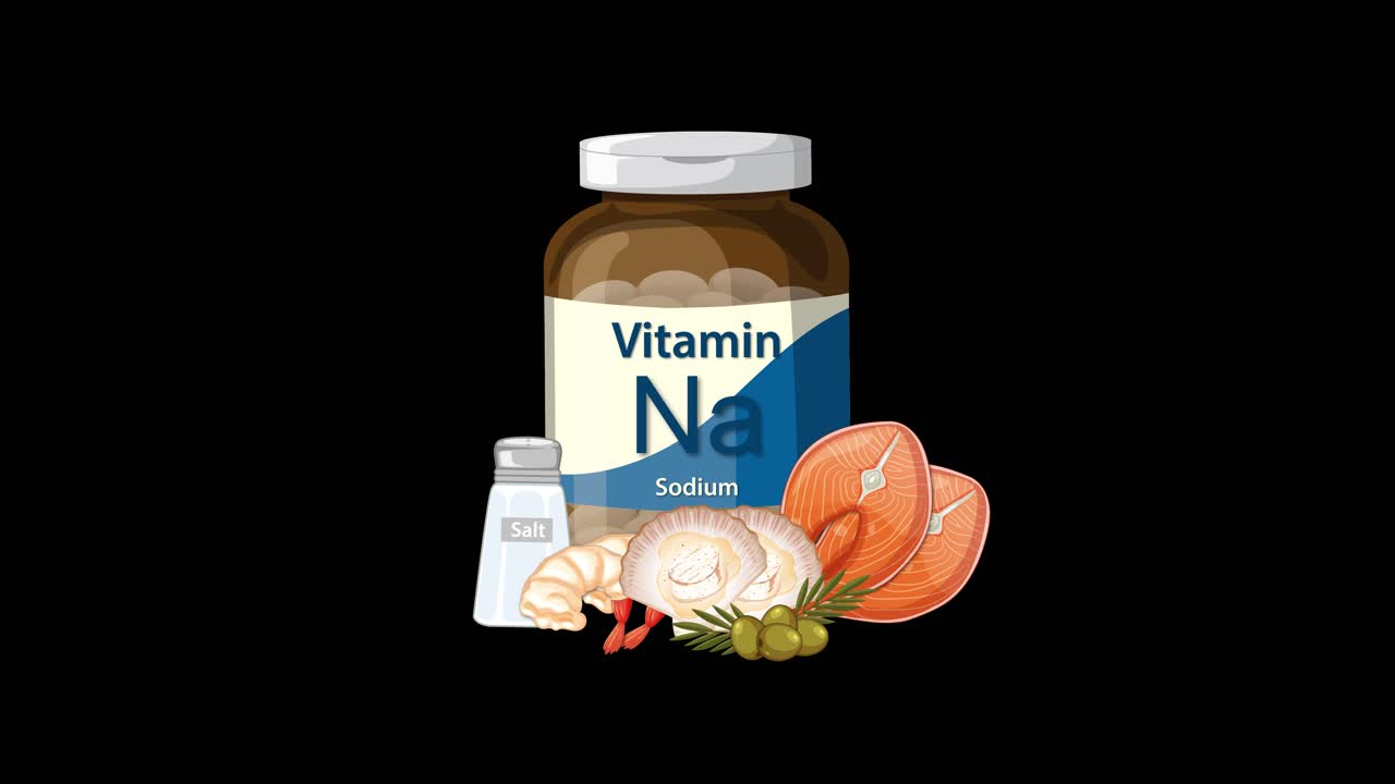 Sodium supplement bottle transitions with salt, onion, and vegetables, smooth movement, black background