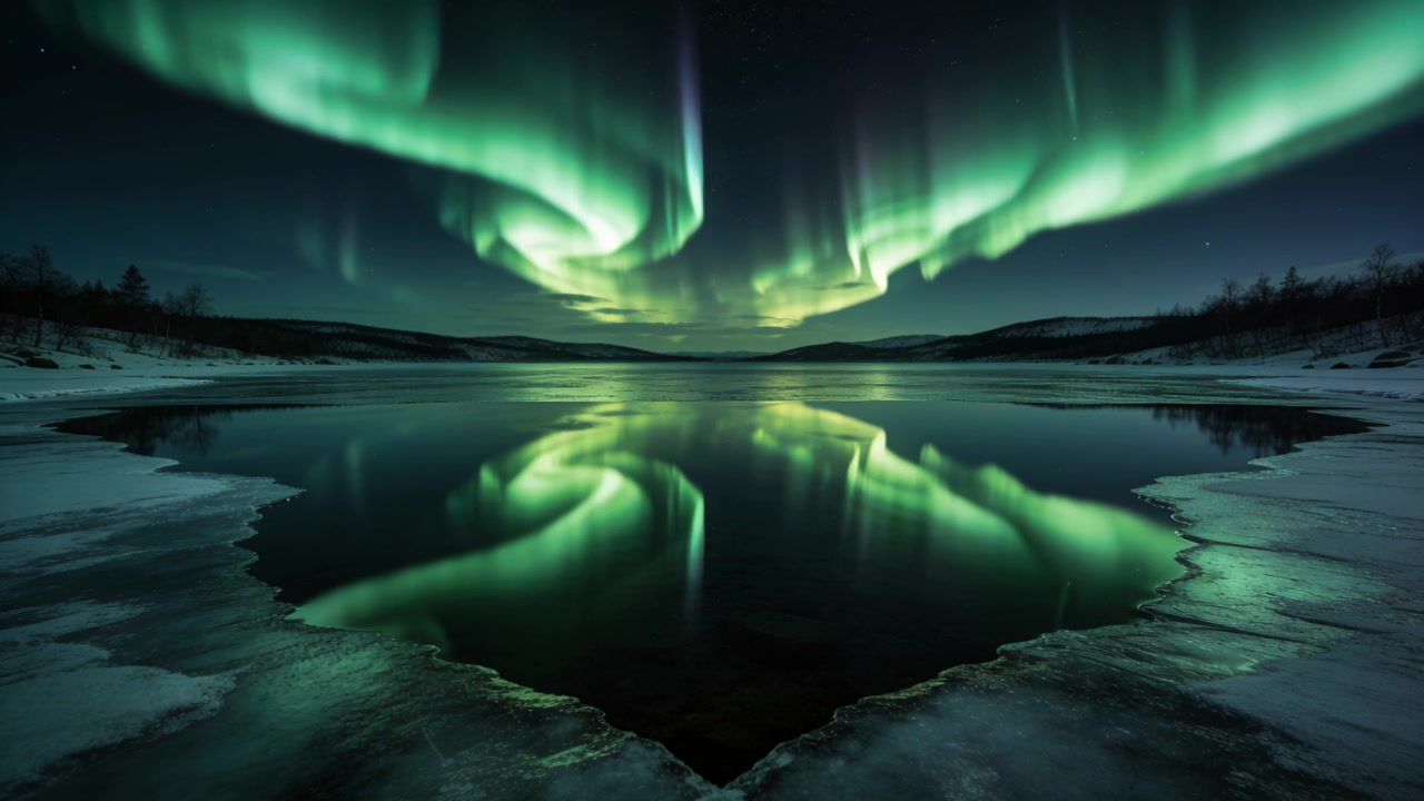 Cortine aurorali splendenti che si muovono su un lago polare, alimentate dal vento solare, riflettendo la costa ghiacciata.