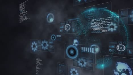 composition of data processing on screens over globe