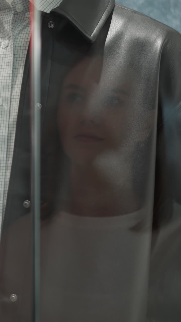 манекен, одетый в черный кожаный пиджак над клетчатой рубашкой, выставленный в витрине розничного магазина, с тонким отражением женщины в стекле, смелый красный и желтый фон