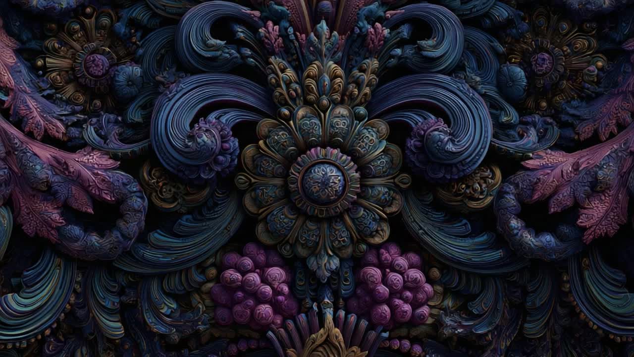 A Stunning Close-Up of Intricate Baroque Floral Patterns Crafted from Swirling Colors and Textures, Featuring Lavish Details in Purple, Gold, and Aqua Hues