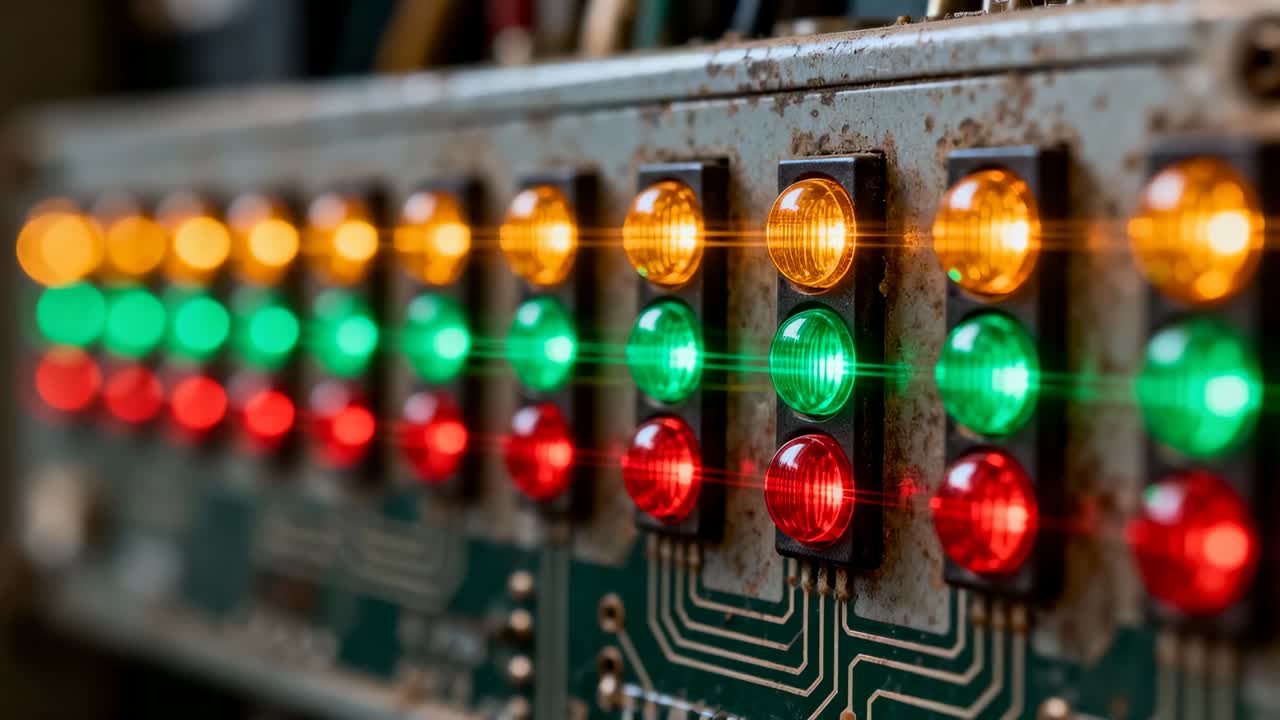 Receiving power, PCB section displaying fluctuating vertical LED triplets on bench, with lens flare