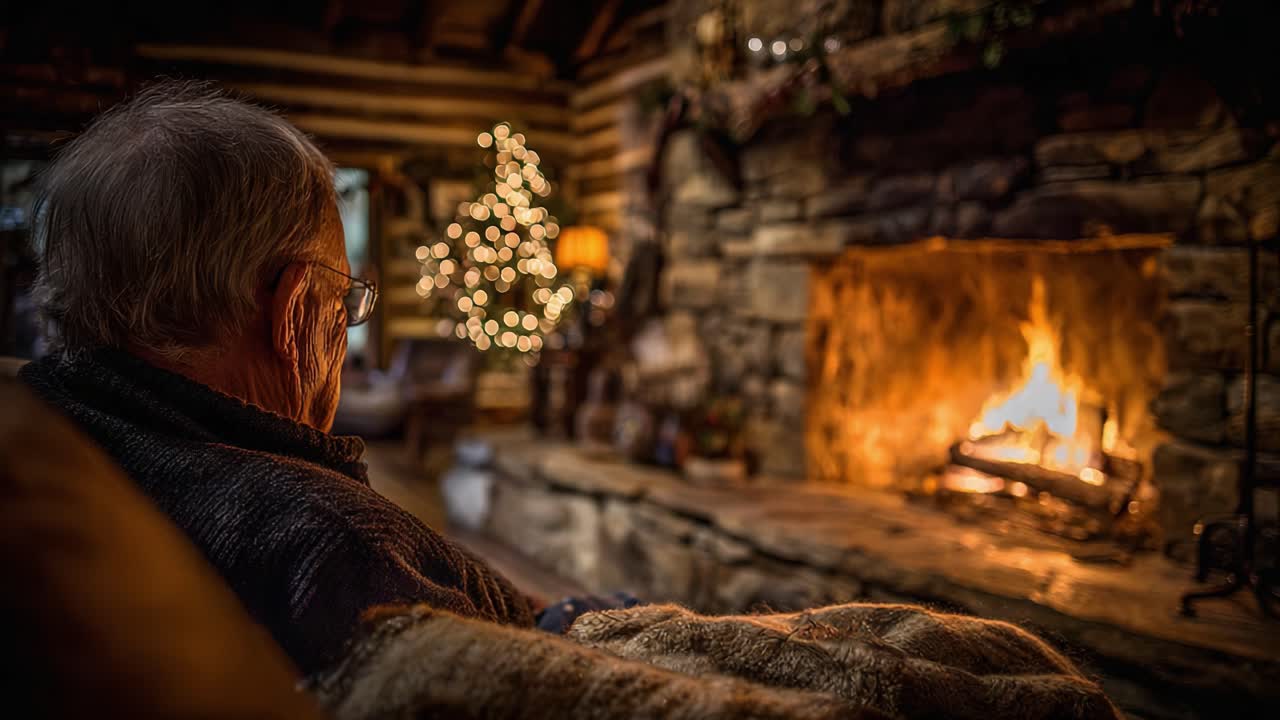 A Cozy Evening by the Fireplace: An Elderly Man Reflects on Memories While Enjoying the Warmth and Ambiance of a Rustic Cabin