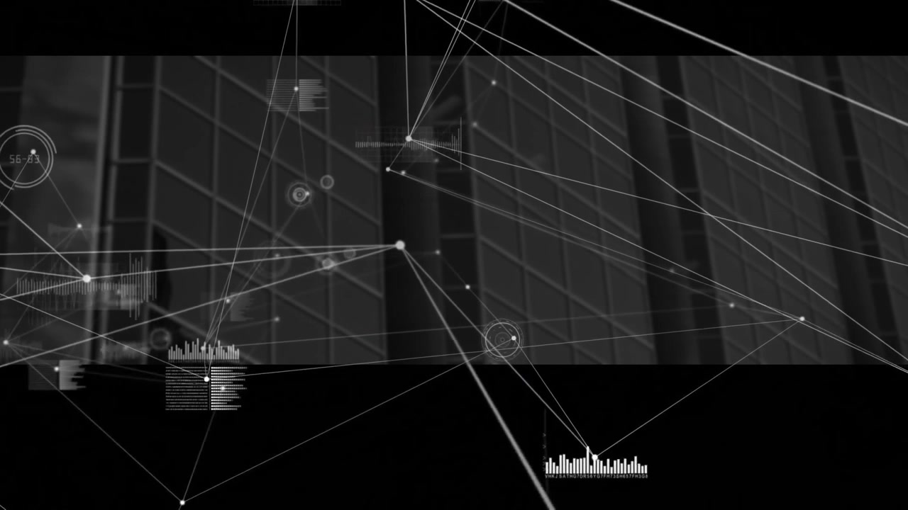 Nodi di rete monocromatici che si connettono sulla facciata di un grattacielo, visualizzando grafici e indicatori fluttuanti.