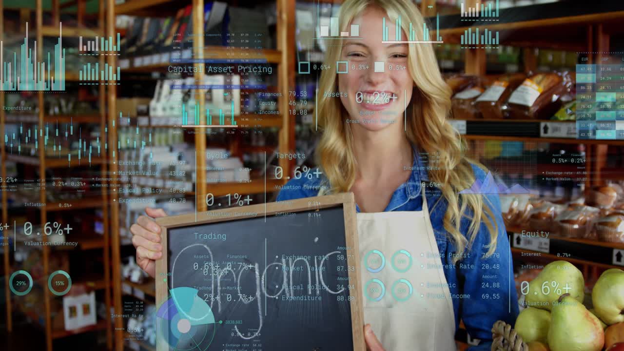 Hand placing Organic board over produce, woman holding sign as market HUD overlaying driving sales