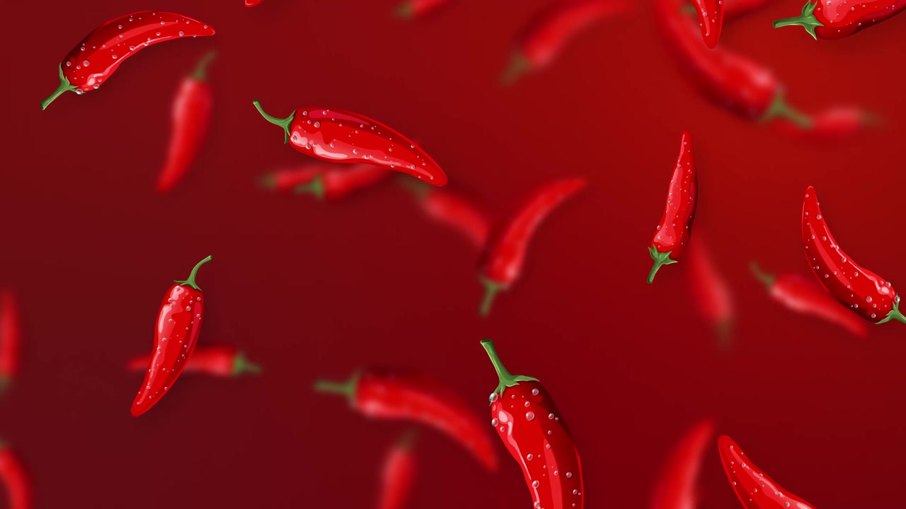 Fresh red chili peppers fall and rotate through the air against a gradient red background.