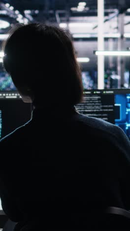 vertical video data center system administrator working on artificial intelligence neural network