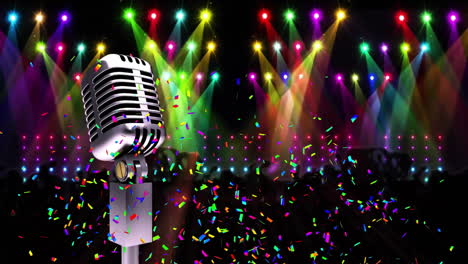 animation of retro microphone, confetti and disco party lights on black background