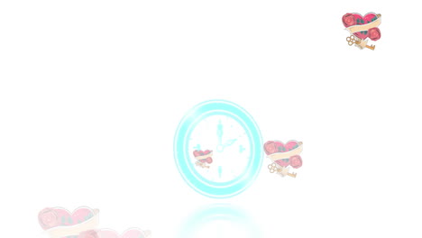 neon digital clock ticking against multiple red heart and key icons falling against white background