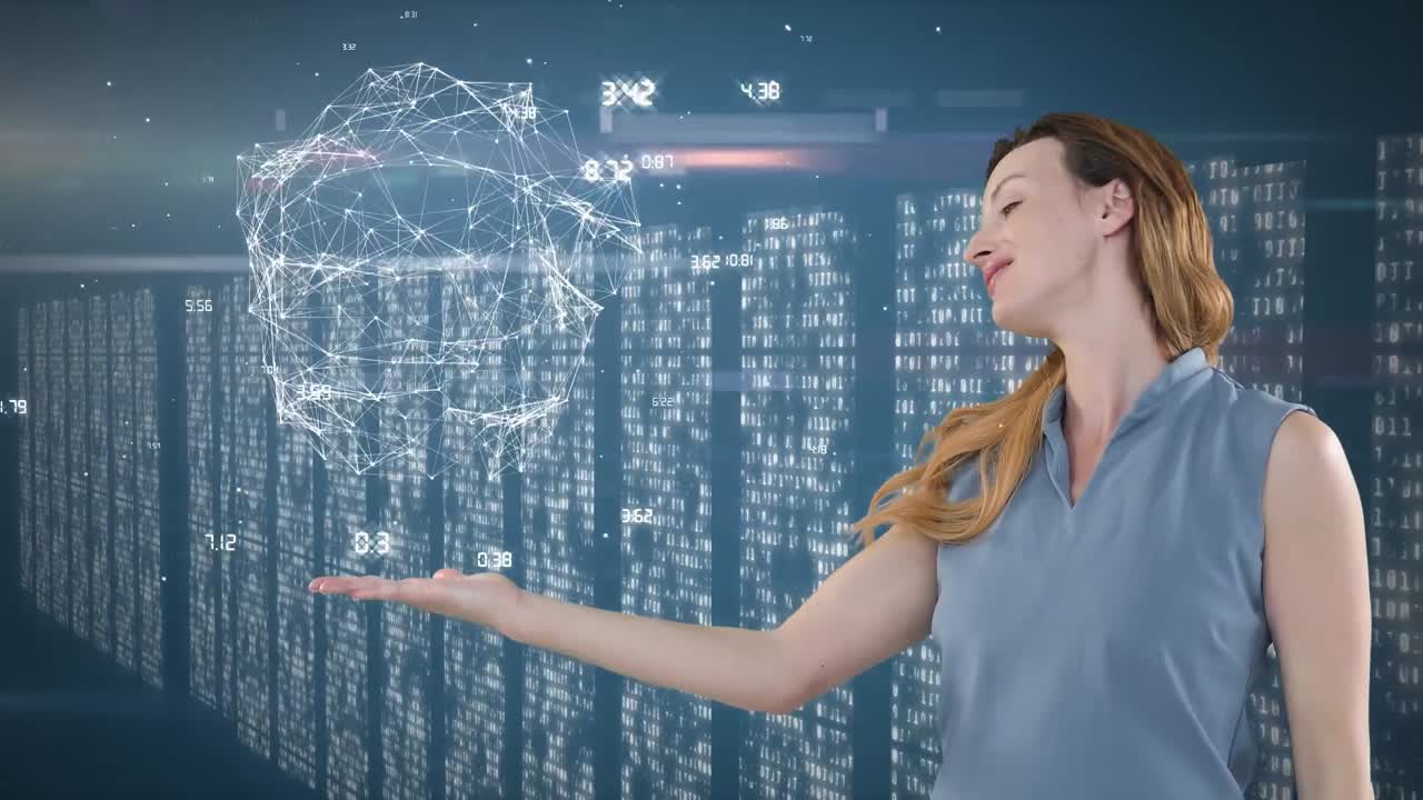 animación de una mujer caucásica presentando un modelo de globo 3d con conexiones de red de personas con proce