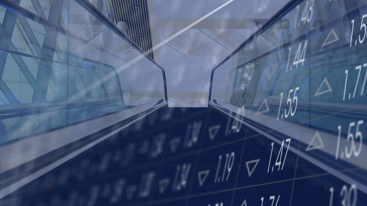 Animation of financial data processing over escalator