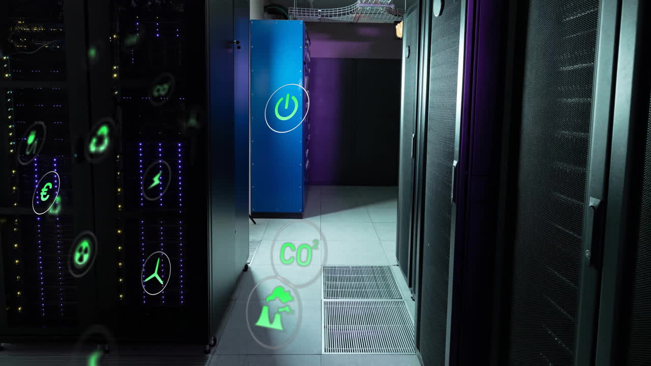 animación de iconos ecológicos y procesamiento de datos a través de servidores informáticos.
