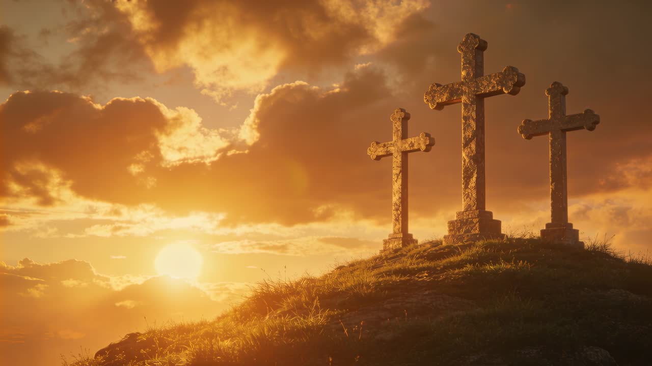 Tre croci di pietra su un'altura mentre il sole tramonta e le nuvole si muovono, creando una silhouette commemorativa