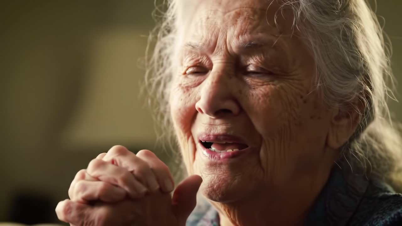 Uma senhora idosa expressando emoção e reflexão através da oração, mostrando a beleza da sabedoria e da conexão espiritual em momentos cotidianos