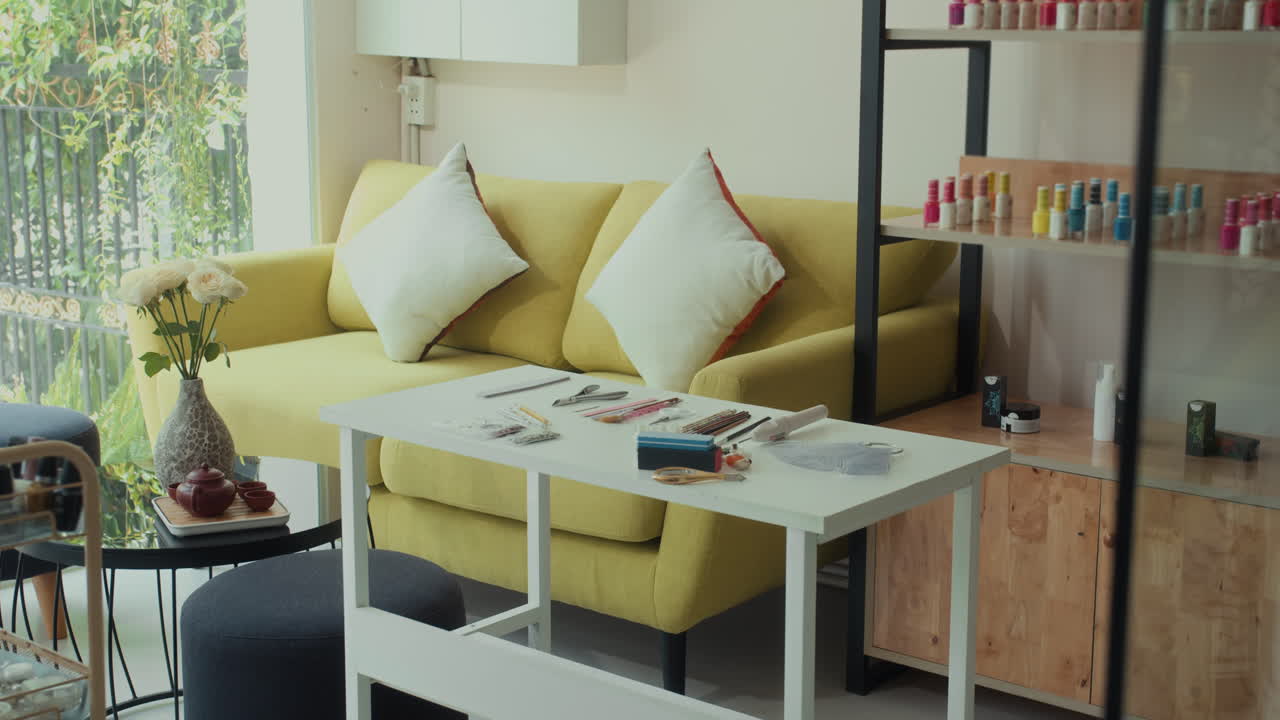 Nail Art Studio Interior with Cozy Seating and Organized Supplies