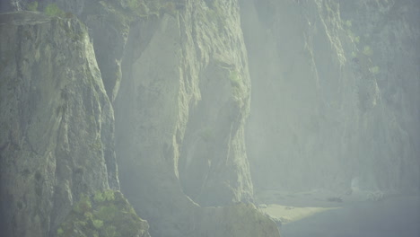 spectacular cliff landscape with serene beach during foggy morning hours