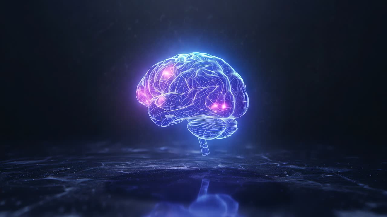 Materializzazione del modello wireframe del cervello che ruota verso destra su una griglia, con nodi di attivazione pulsanti
