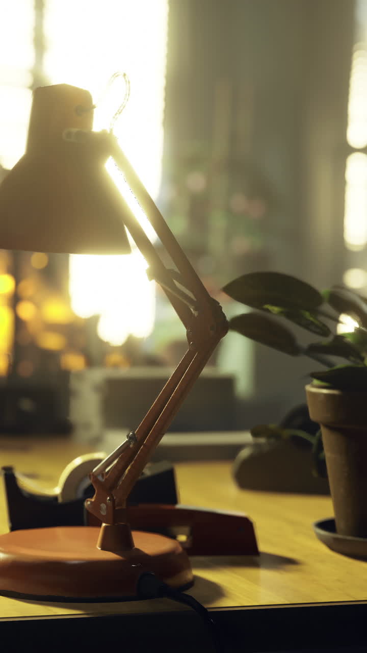Desk lamp shines light on workspace with plant during afternoon