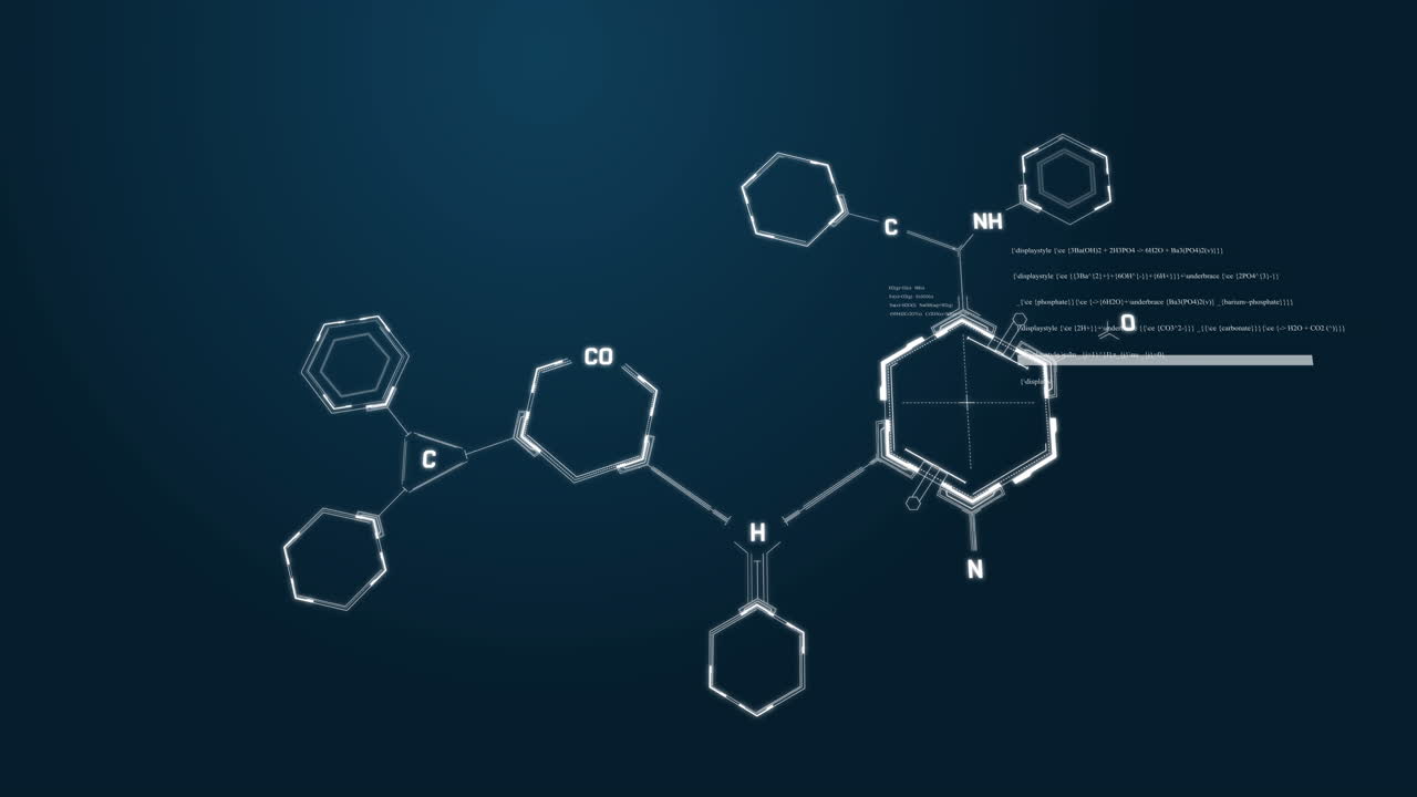 Animation of chemical formula structures moving on blue background
