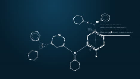 animación de estructuras de fórmulas químicas que se mueven sobre un fondo azul