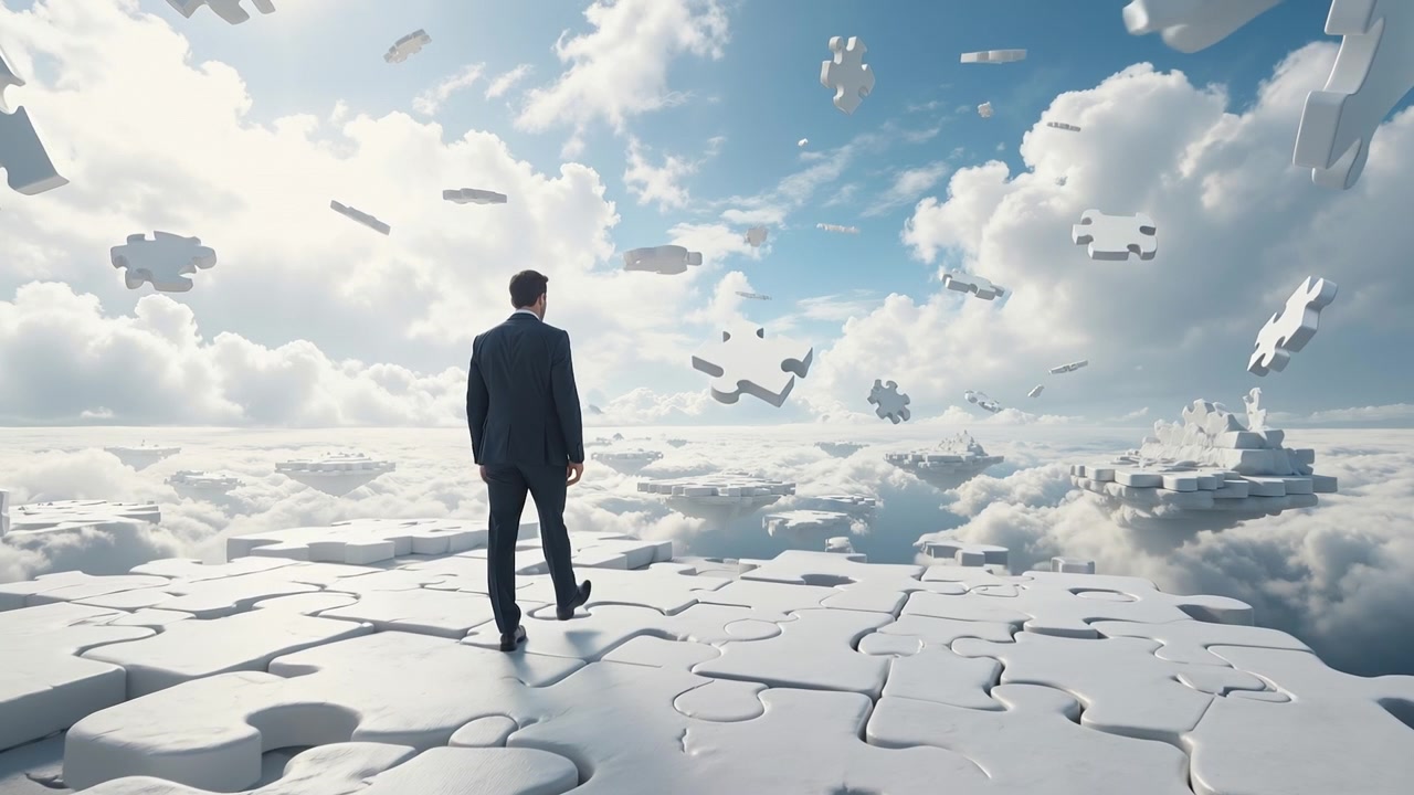 Uomo d'affari in piedi su un grande pavimento a puzzle che guarda pezzi di puzzle fluttuare in un cielo nuvoloso.