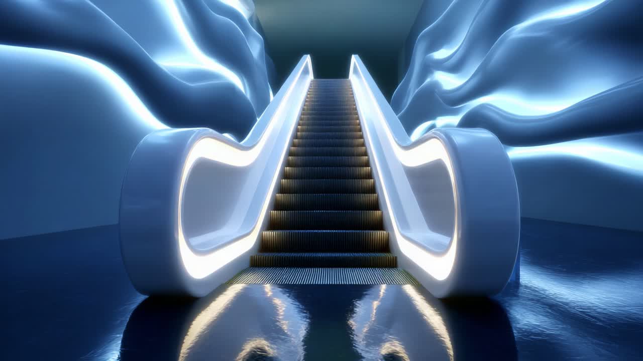 A Futuristic Staircase Design with Glowing Edges, Set Against an Undulating Blue Background, Creates an Inviting Ambiance and Leads the Eye Towards a Mystical Destination Beyond the Wave-like Walls