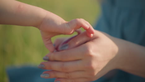 a close-up of a woman s hands gently cleaning a red apple, preparing to hand it over to a child. the background is a blurred green grass field, highlighting the simple care in this tender moment