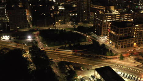 An-aerial-view-at-night-over-the-Brooklyn-Bridge-entrance-on-the-Brooklyn-side