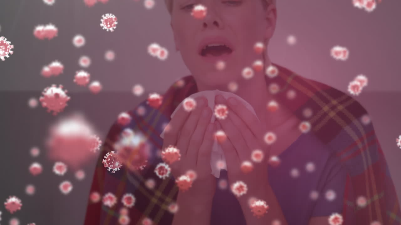 아픈 여성 위에 떠다니는 코로나19 세포의 애니메이션